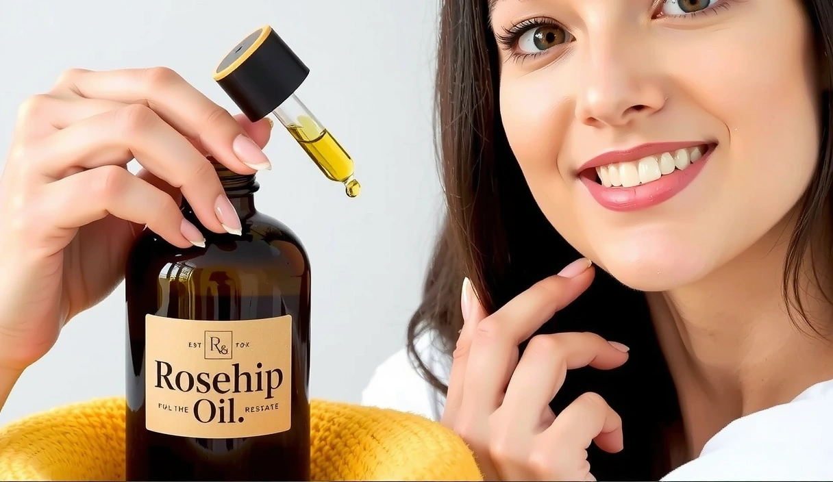 A woman gently massaging rosehip oil onto her face, demonstrating skincare routine