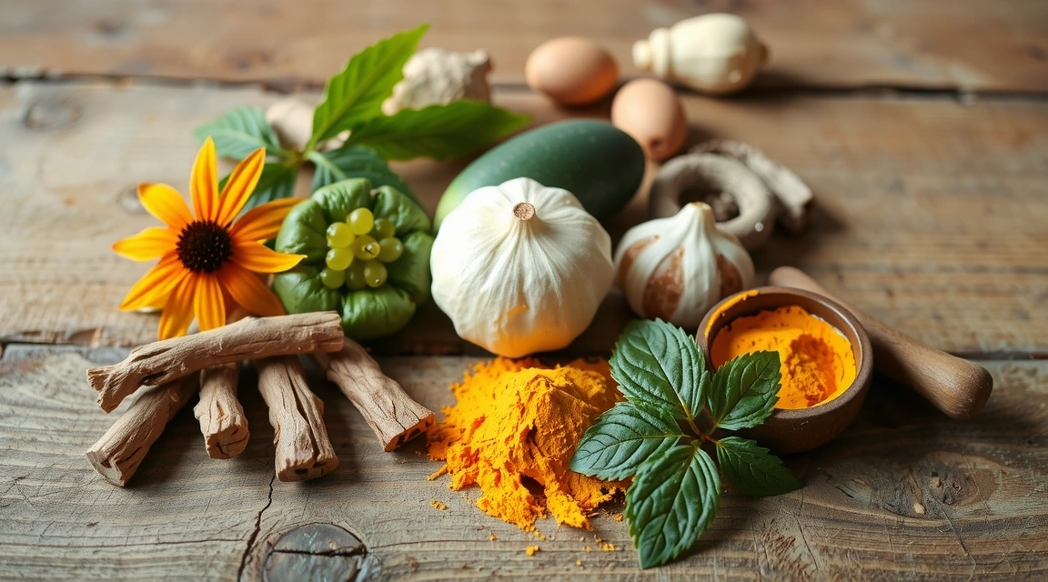 Assortment of immune-boosting herbs like echinacea, ginger, and turmeric on a rustic wooden table