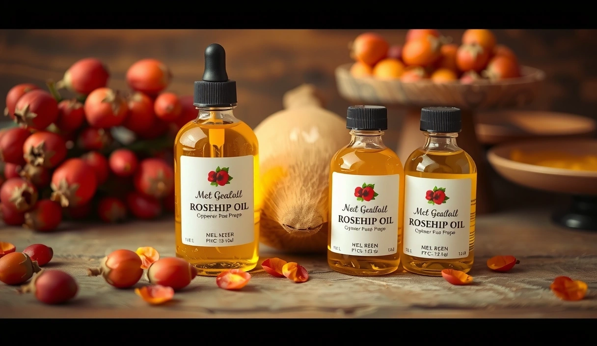 Bottles of rosehip oil with fresh rosehips and soft focus background