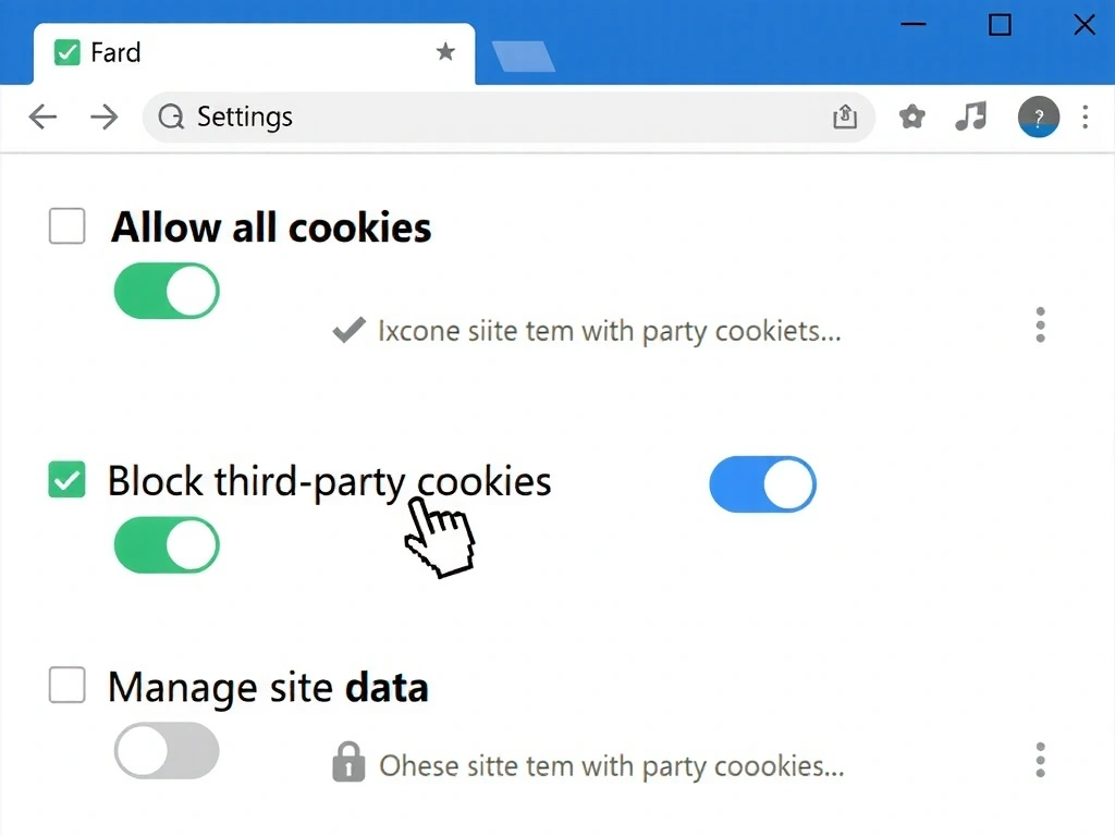 Illustration of a browser settings interface with cookie control options highlighted, symbolizing user control over privacy