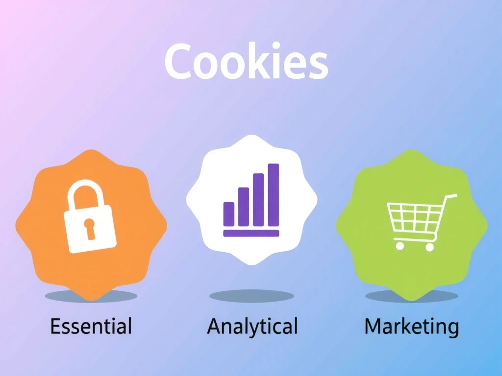 Illustration showing different types of cookies and their functions, such as essential, analytical, and marketing cookies